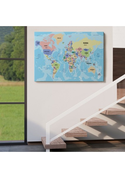 Ülke Başkentli Okyanuslu Ingilizce Dünya Haritası Dekoratif Kanvas Tablo, Duvar Dekoru 2233 indirimleri
