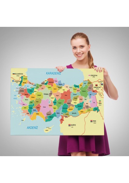 Eğitici Sınır Komşulu Türkiye Haritası, Harita Dekoratif Kanvas Tablo, Duvar Dekoru 3096