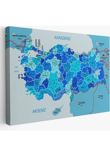 Komşulu Il ve Ilçe Detaylı Türkiye Haritası, Harita Dekoratif Kanvas Tablo, Duvar Dekoru 3002