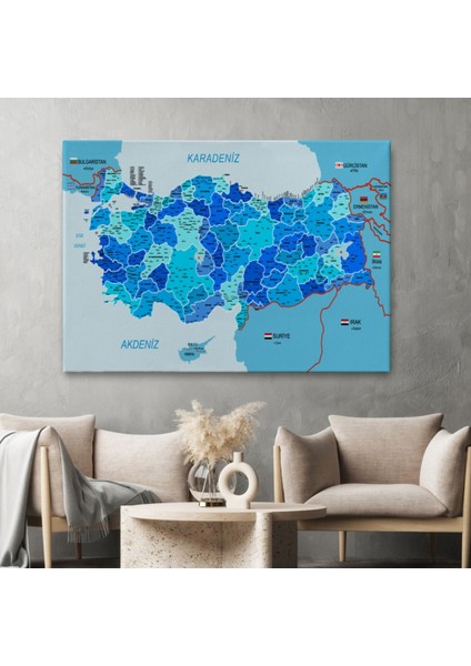 Komşulu Il ve Ilçe Detaylı Türkiye Haritası, Harita Dekoratif Kanvas Tablo, Duvar Dekoru 3002 fiyatları