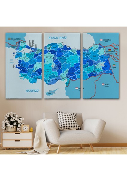 Komşulu Il ve Ilçe Detaylı Türkiye Haritası, Harita Dekoratif Kanvas Tablo, Duvar Dekoru 3002 modelleri