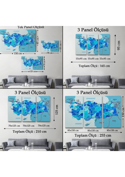 Komşulu Il ve Ilçe Detaylı Türkiye Haritası, Harita Dekoratif Kanvas Tablo, Duvar Dekoru 3002 fırsatları