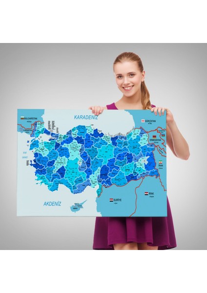 Komşulu Il ve Ilçe Detaylı Türkiye Haritası, Harita Dekoratif Kanvas Tablo, Duvar Dekoru 3002