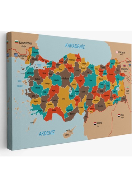 Eğitici Sınır Komşulu Türkiye Haritası, Harita Dekoratif Kanvas Tablo, Duvar Dekoru 3094