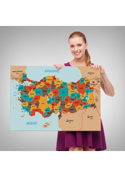 Eğitici Sınır Komşulu Türkiye Haritası, Harita Dekoratif Kanvas Tablo, Duvar Dekoru 3094