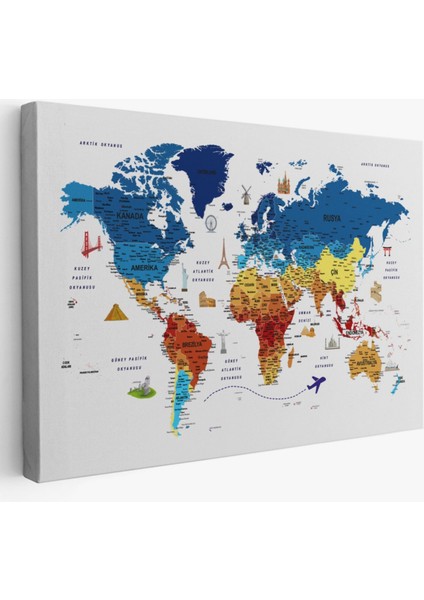 Eğitici Detaylı Sembollü Türkçe Dünya Haritası Dekoratif Kanvas Tablo, Duvar Dekoru 3166