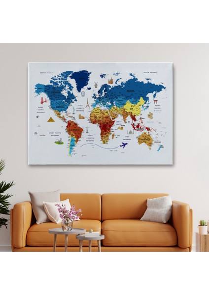 Eğitici Detaylı Sembollü Türkçe Dünya Haritası Dekoratif Kanvas Tablo, Duvar Dekoru 3166 fiyatları