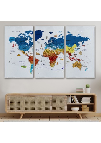 Eğitici Detaylı Sembollü Türkçe Dünya Haritası Dekoratif Kanvas Tablo, Duvar Dekoru 3166 modelleri