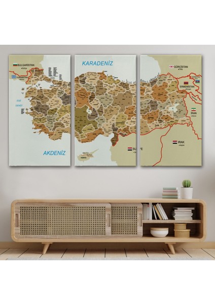 Komşu Ülkeler Il ve Ilçe Detaylı Türkiye Haritası Dekoratif Kanvas Tablo, Duvar Dekoru 3020 modelleri