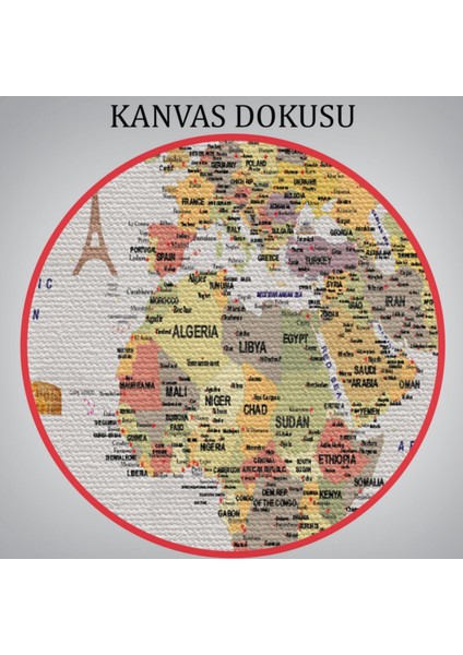 Ünlü Yerler ve Simgeleri Detay Ingilizce Dünya Haritası Dekoratif Kanvas Tablo, Duvar Dekoru 1748