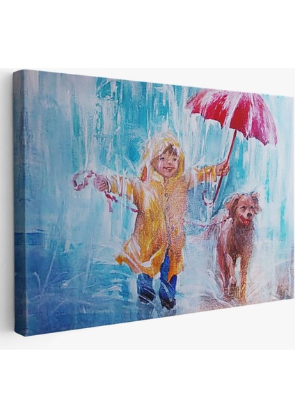 Yağlıboya Görünüm Köpeğini Gezdiren Çocuk Dekoratif Kanvas Tablo, Duvar Dekoru 3454