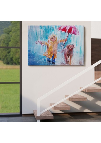 Yağlıboya Görünüm Köpeğini Gezdiren Çocuk Dekoratif Kanvas Tablo, Duvar Dekoru 3454 indirimleri