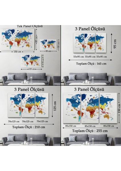 Eğitici Detaylı Sembollü Türkçe Dünya Haritası Dekoratif Kanvas Tablo, Duvar Dekoru 3166 fırsatları