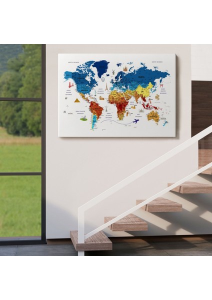 Eğitici Detaylı Sembollü Türkçe Dünya Haritası Dekoratif Kanvas Tablo, Duvar Dekoru 3166 indirimleri
