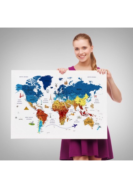 Eğitici Detaylı Sembollü Türkçe Dünya Haritası Dekoratif Kanvas Tablo, Duvar Dekoru 3166