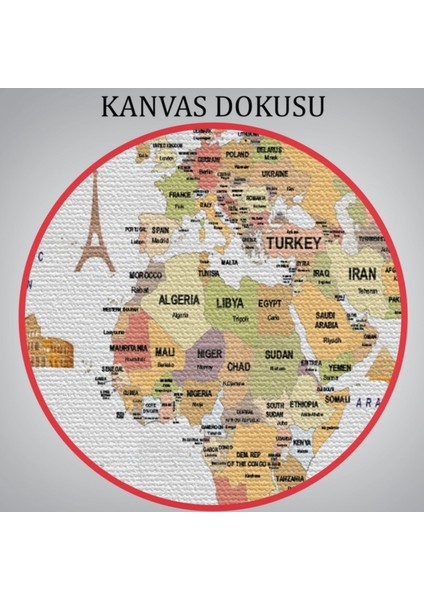 Ülke Başkent Sembollü Eğitici Ingilizce Dünya Haritası Dekoratif Kanvas Tablo, Duvar Dekoru 2309