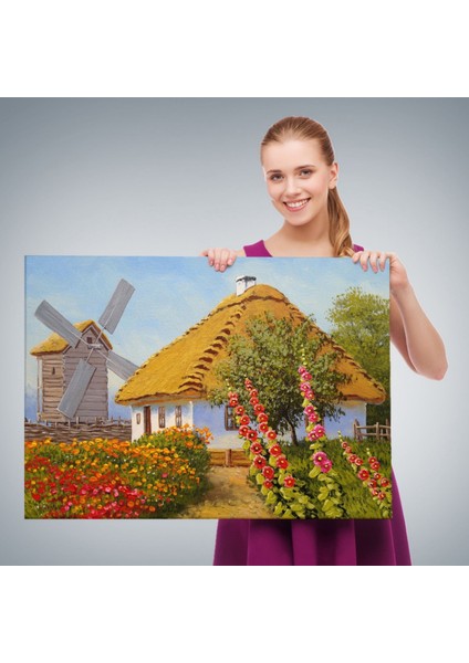 Yağlıboya Görünüm Köy Evi Dekoratif Kanvas Tablo, Duvar Dekoru 3654