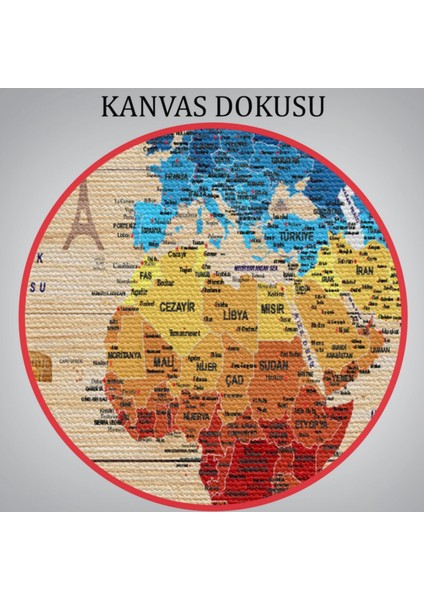 Ahşap Görünüm Sembollü Türkçe Dünya Haritası Dekoratif Kanvas Tablo, Duvar Dekoru 2891