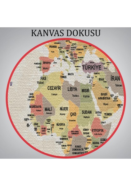 Ülke Başkentli Okyanuslu Türkçe Dünya Haritası Dekoratif Kanvas Tablo, Duvar Dekoru 2744