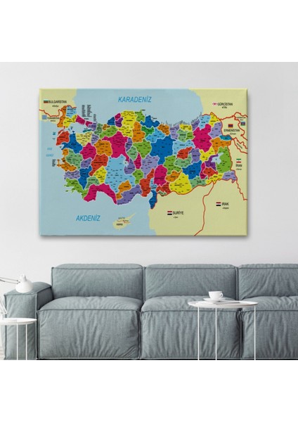 Komşu Ülkeler Il ve Ilçe Detaylı Türkiye Haritası Dekoratif Kanvas Tablo, Duvar Dekoru 3005 fiyatları