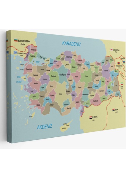 Eğitici Sınır Komşulu Türkiye Haritası, Harita Dekoratif Kanvas Tablo, Duvar Dekoru 3100