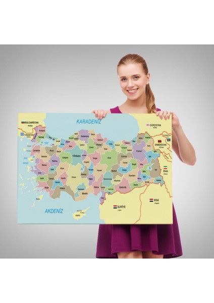 Eğitici Sınır Komşulu Türkiye Haritası, Harita Dekoratif Kanvas Tablo, Duvar Dekoru 3100