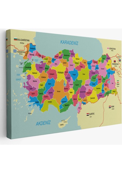Eğitici Sınır Komşulu Türkiye Haritası, Harita Dekoratif Kanvas Tablo, Duvar Dekoru 3085