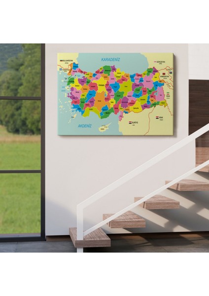 Eğitici Sınır Komşulu Türkiye Haritası, Harita Dekoratif Kanvas Tablo, Duvar Dekoru 3085 indirimleri