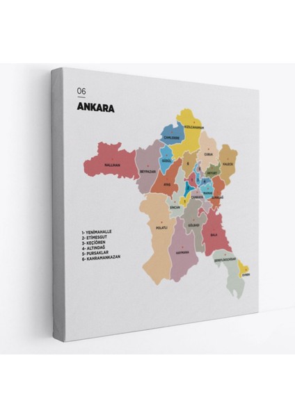 Il ve Ilçeler Haritası Ankara, Modern Dekoratif Kanvas Tablo, Duvar Dekoru 1265