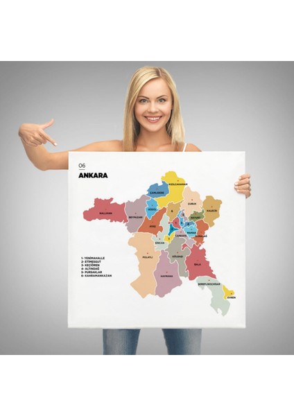 Il ve Ilçeler Haritası Ankara, Modern Dekoratif Kanvas Tablo, Duvar Dekoru 1265