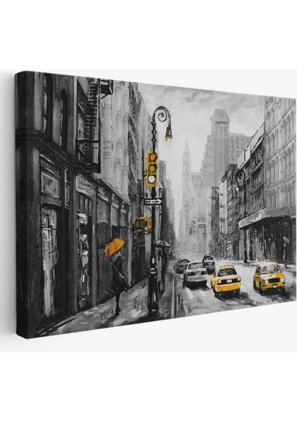 Yağlıboya Görünüm Sarı Taksi ve Newyork Sokakları Dekoratif Kanvas Tablo, Duvar Dekoru 3552