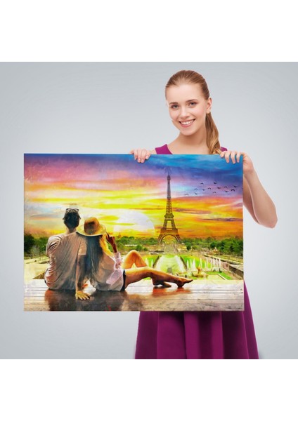 Paris Eyfel Kulesi ve Romantik Çift Dekoratif Kanvas Tablo, Duvar Dekoru 3627