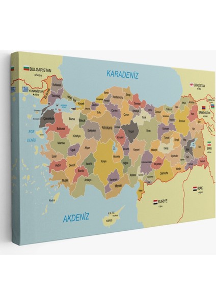 Eğitici Sınır Komşulu Türkiye Haritası, Harita Dekoratif Kanvas Tablo, Duvar Dekoru 3098