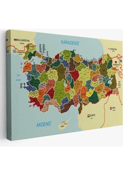 Komşulu Il ve Ilçe Detaylı Türkiye Haritası, Harita Dekoratif Kanvas Tablo, Duvar Dekoru 3000