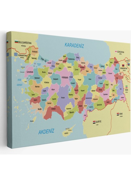 Eğitici Sınır Komşulu Türkiye Haritası, Harita Dekoratif Kanvas Tablo, Duvar Dekoru 3095