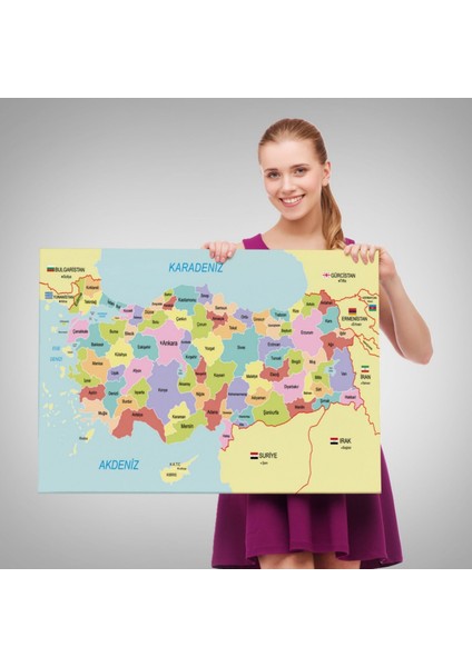 Eğitici Sınır Komşulu Türkiye Haritası, Harita Dekoratif Kanvas Tablo, Duvar Dekoru 3095