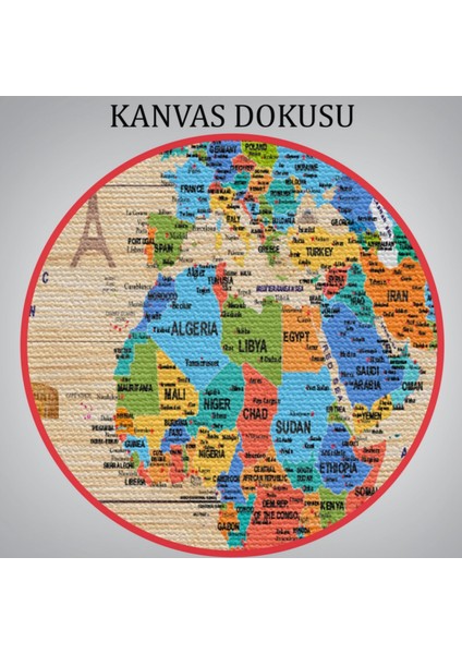 Ahşap Görünüm Sembollü Ingilizce Dünya Haritası Dekoratif Kanvas Tablo, Duvar Dekoru 2956