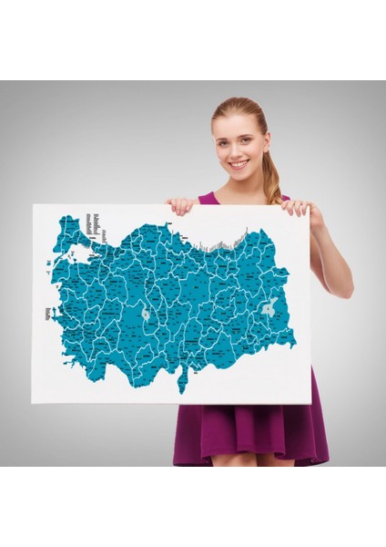 Eğitici Il ve Ilçe Detaylı Türkiye Haritası, Harita Dekoratif Kanvas Tablo, Duvar Dekoru 3031