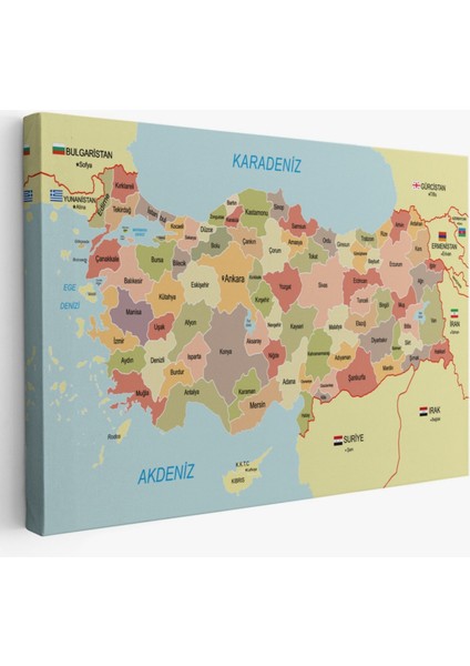 Eğitici Sınır Komşulu Türkiye Haritası, Harita Dekoratif Kanvas Tablo, Duvar Dekoru 3101