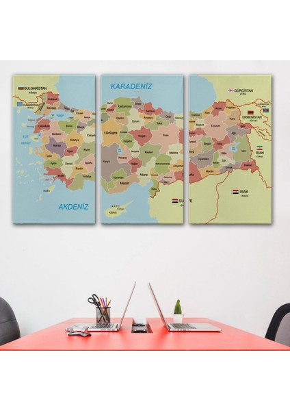 Eğitici Sınır Komşulu Türkiye Haritası, Harita Dekoratif Kanvas Tablo, Duvar Dekoru 3101 modelleri