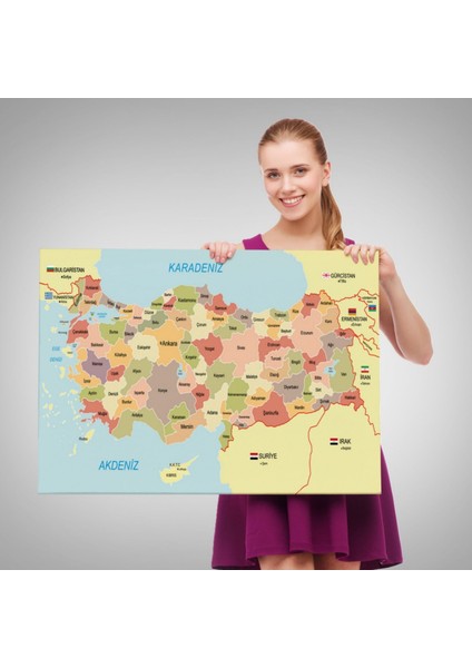 Eğitici Sınır Komşulu Türkiye Haritası, Harita Dekoratif Kanvas Tablo, Duvar Dekoru 3101
