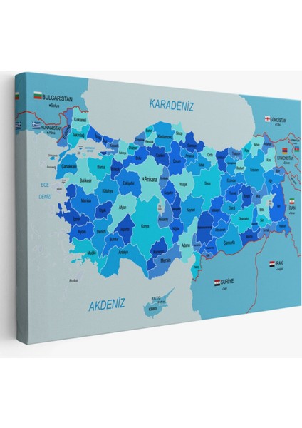Eğitici Sınır Komşulu Türkiye Haritası, Harita Dekoratif Kanvas Tablo, Duvar Dekoru 3086