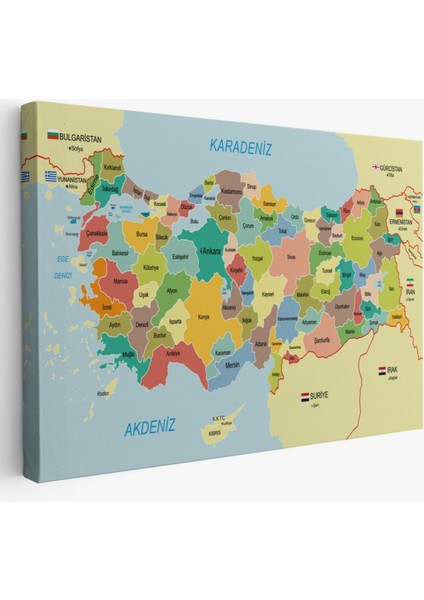 Eğitici Sınır Komşulu Türkiye Haritası, Harita Dekoratif Kanvas Tablo, Duvar Dekoru 3090