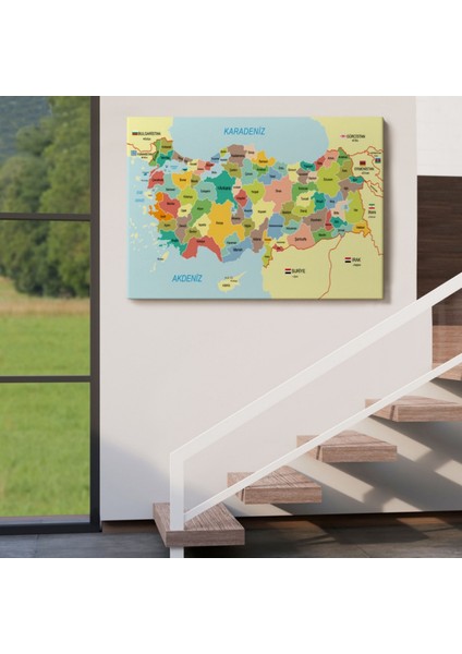 Eğitici Sınır Komşulu Türkiye Haritası, Harita Dekoratif Kanvas Tablo, Duvar Dekoru 3090 indirimleri