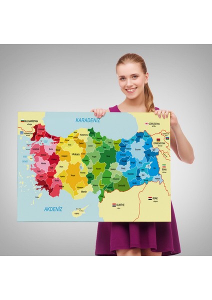 Eğitici Sınır Komşulu Türkiye Haritası, Harita Dekoratif Kanvas Tablo, Duvar Dekoru 3105