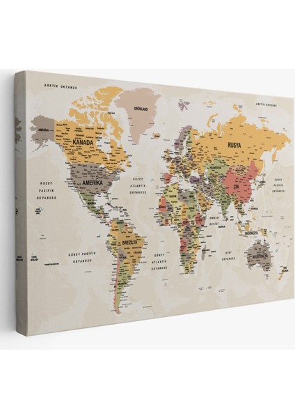 Detaylı ve Okyanuslu Eğitici Türkçe Dünya Haritası Dekoratif Kanvas Tablo, Duvar Dekoru 2524