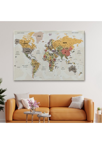Detaylı ve Okyanuslu Eğitici Türkçe Dünya Haritası Dekoratif Kanvas Tablo, Duvar Dekoru 2524 fiyatları