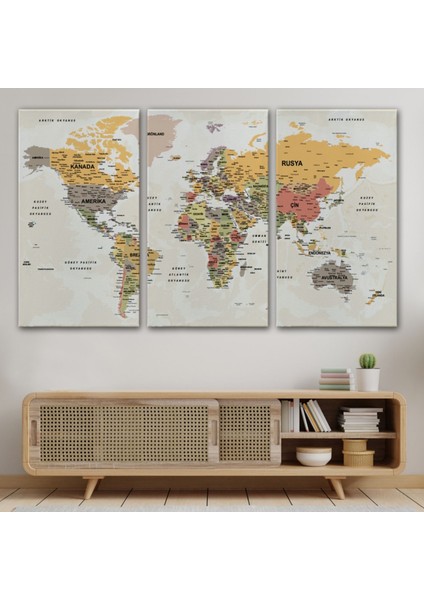 Detaylı ve Okyanuslu Eğitici Türkçe Dünya Haritası Dekoratif Kanvas Tablo, Duvar Dekoru 2524 modelleri
