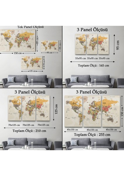 Detaylı ve Okyanuslu Eğitici Türkçe Dünya Haritası Dekoratif Kanvas Tablo, Duvar Dekoru 2524 fırsatları
