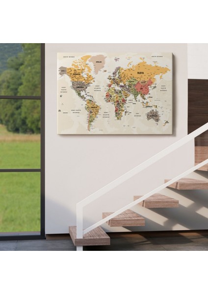Detaylı ve Okyanuslu Eğitici Türkçe Dünya Haritası Dekoratif Kanvas Tablo, Duvar Dekoru 2524 indirimleri